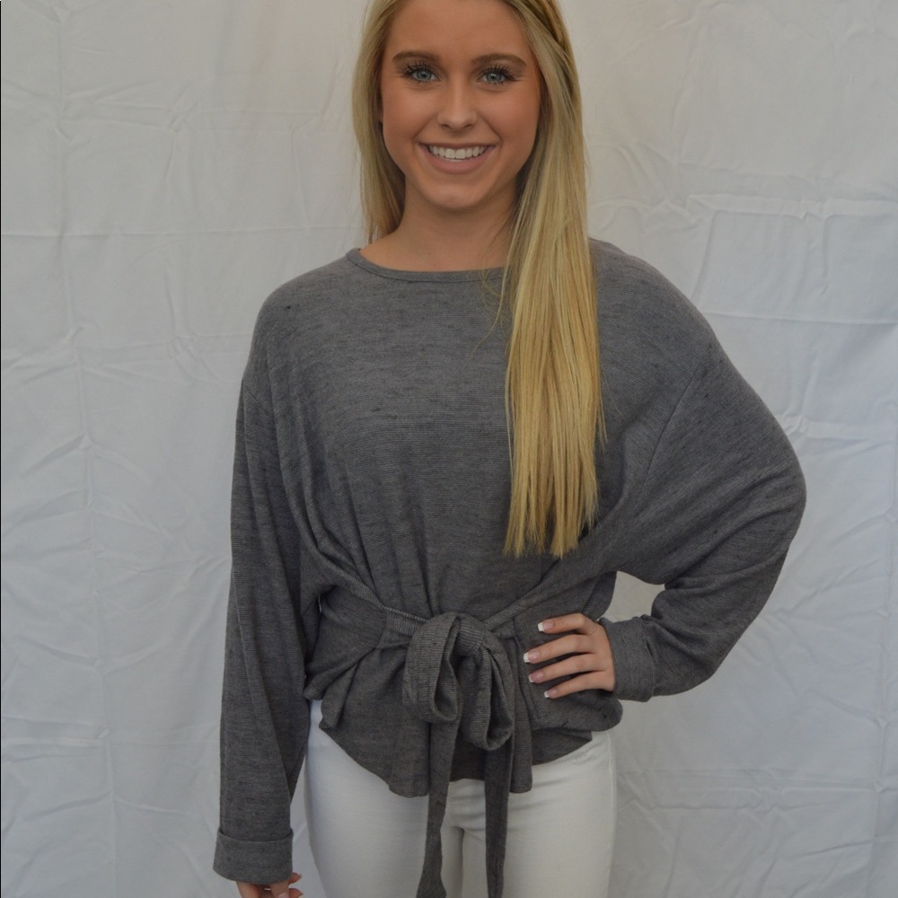 Long Sleeve Gray Tie Front Sweaters